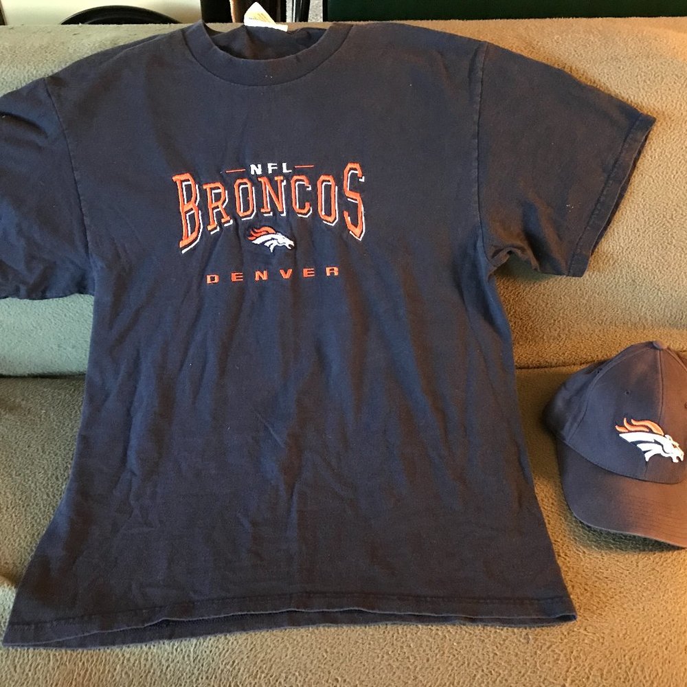 Denver Broncos Blue T-Shirt (L) and Cap (Adjustable)
